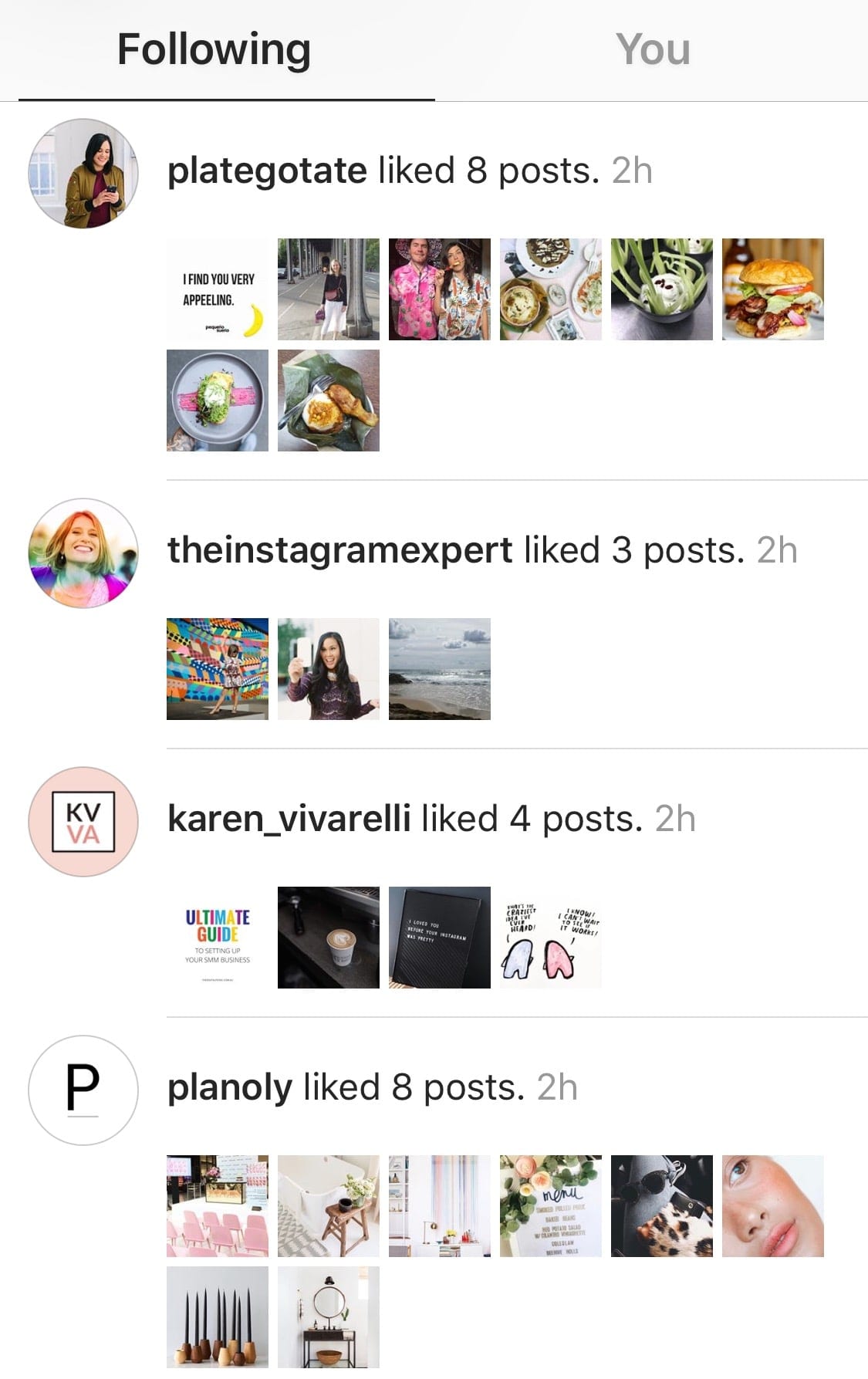 Instagram following activity feed